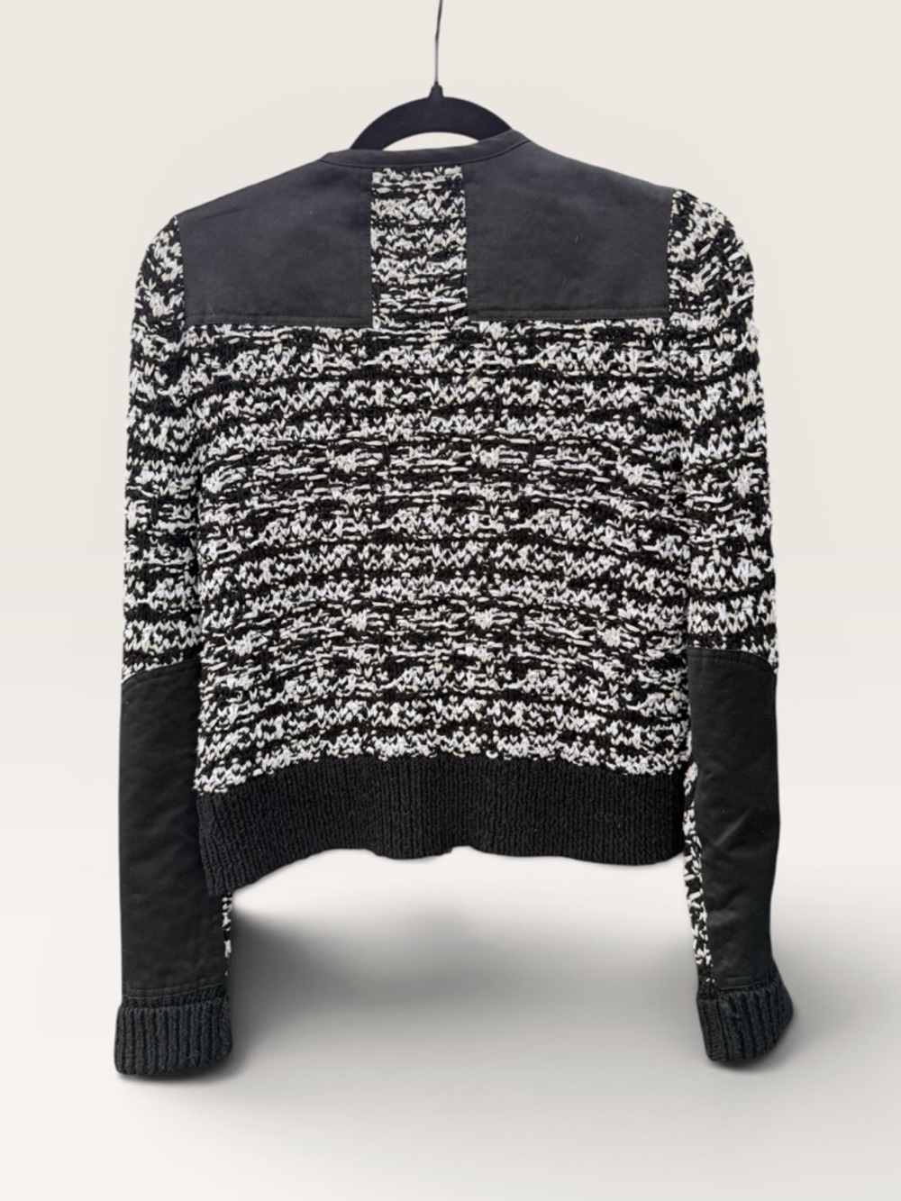 Rag & Bone Leather Trim Knit Jacket Zip Cardigan Black White Cropped Size S - Picture 2 of 3